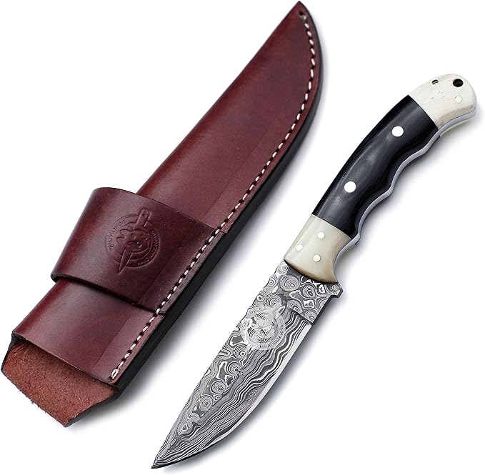 Handmade Damascus Steel Fixed Blade Bowie Knife for EDC,Hunting,Survival,Camping,Bushcraft,and Fishing with Drop Point Full Tang Bone Handle with Cowhide-Leather Sheath - WKD-783