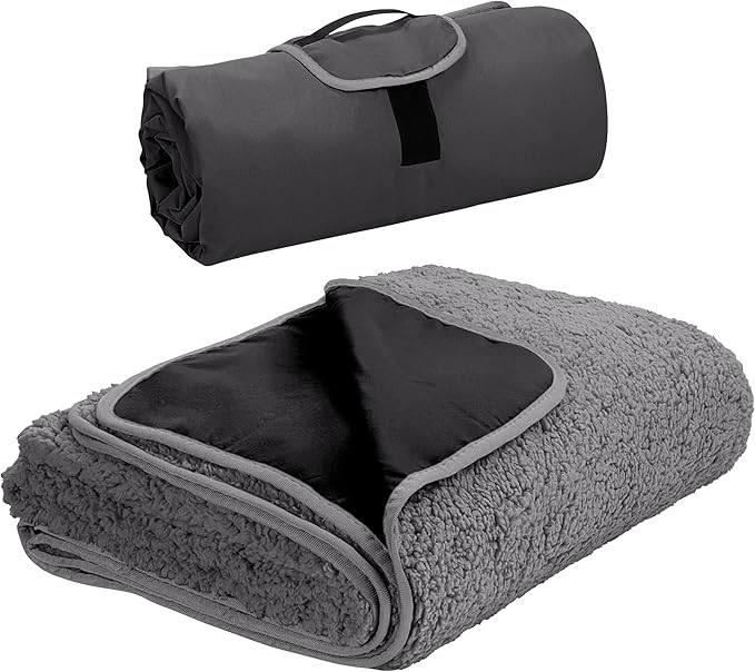 Tirrinia Outdoors Waterproof Throw Blanket, Sherpa Fleece Stadium Windproof Mat for Camping, Picnic, Traveling, Boat, Football - Machine Washable, Black