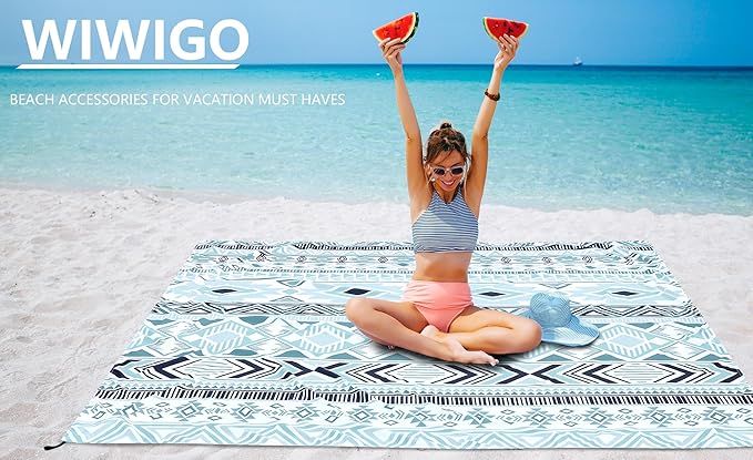 Beach Blanket Sandproof Extra Large Beach Mat Adults Waterproof Quick Drying Sand Free Mat Made by Premium Polyester with 4 Stakes & 4 Corner Pockets for Outdoor Travel Camping Hiking