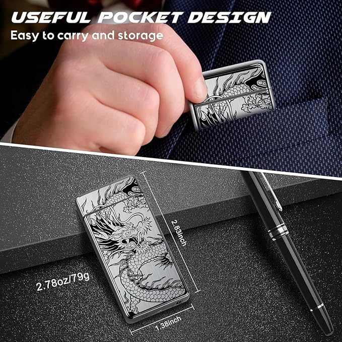 LcFun Electric Lighter USB Rechargeable Lighter, Windproof Plasma Dual Arc Lighter, Flameless Cool Lighters with LED Battery Indication for Candles, Incense Stick, Outdoor Camping (Black Dragon)