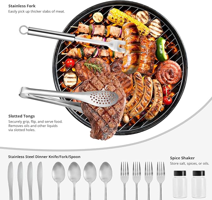 Extremus 27 Pcs Camp Kitchen Cooking Utensil Set Cookware Kit - Travel Organizer Grill Accessories Portable Compact Gear for Backpacking BBQ, Dark Gray Camo