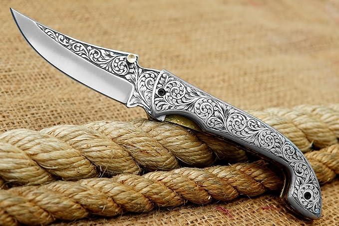 GLADIUS CRAFTS" 9-inch Hand-Crafted Folding Knife - 3-inch D2 Steel Blade with 4-inch Hand-Engraved Stainless Steel Handle - Ideal for Collection, EDC Tool, or any other Practical Use - An Extraordinary Gift