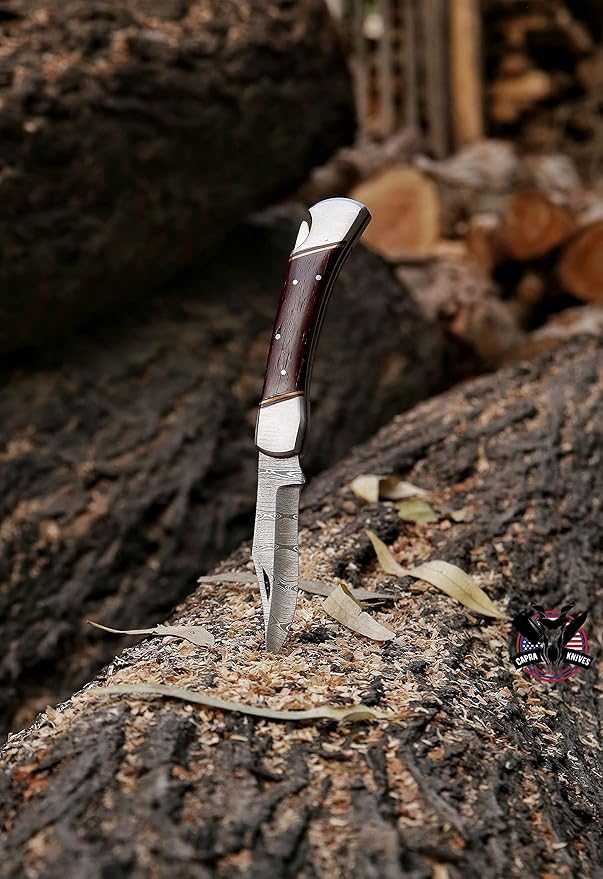 Capra Knives CK-41 Handcrafted Folding Pocket Knife 5” Folded, 9” Long Overall, 8oz Padauk Wood Handle, Damascus Blade with Leather Sheath
