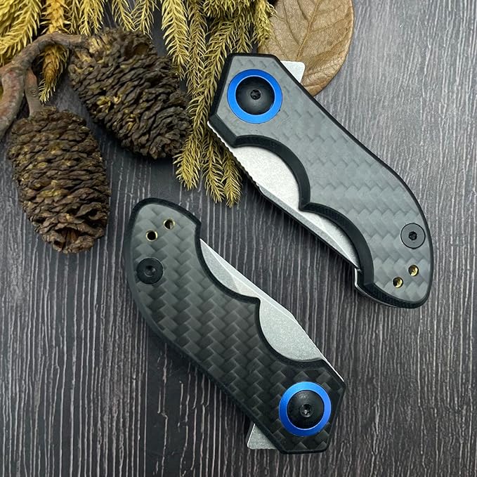 Mini Flipper Pocket knife,Small EDC folding Knife with Pocket clip,1.89 Inch Premium D2 Steel Blade,Carbon Fiber Front and Stonewashed Titanium Back Handle,Gifts for Men Women(0022)