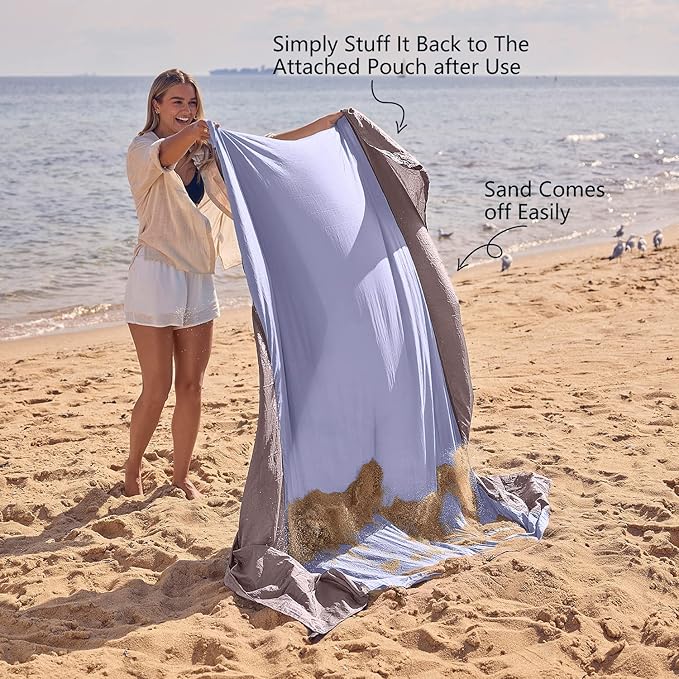 WEKAPO Beach Blanket Sandproof, Extra Large Beach Mat, Big & Compact Sand Free Mat Quick Drying, Lightweight & Durable with 6 Stakes & 4 Corner Pockets