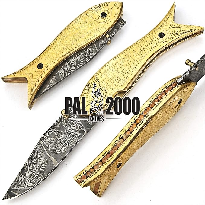 PAL 2000 KNIVES FOL-9573 Handmade Damascus Folding Custom Pocket Knife for Camping Fishing Outdoor Knife with Sheath