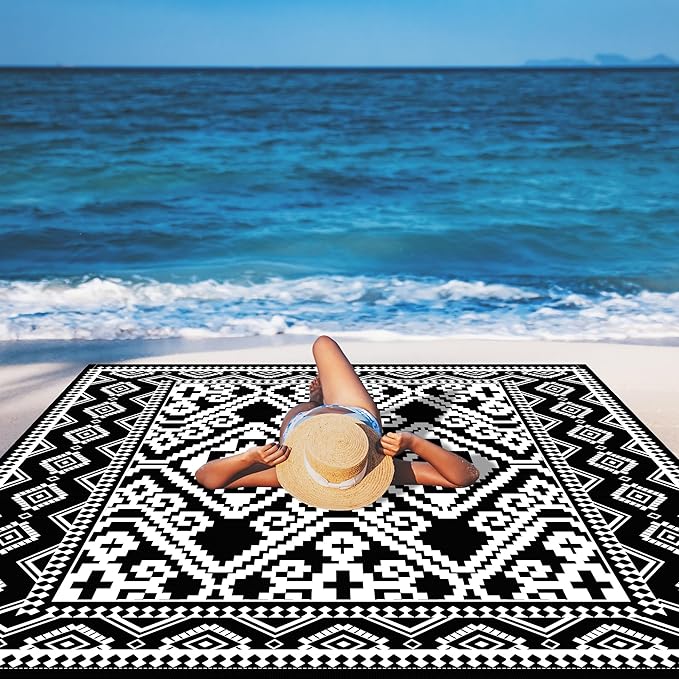 Beach Blanket Waterproof Sandproof, 78''×86'' Large Beach Mat for 2-4 Adults with Stakes and Sand Pocket, Moroccan Outdoor Picnic Blanket for Travel, Camping, Hiking, Beach Essentials