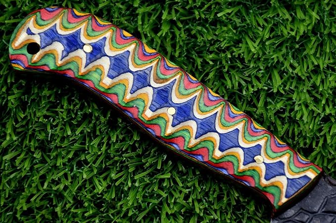 Carbon steel blade Bull cutter knife, 8.5 inches long knife with Leather sheath, Multi color Micarta scale Jigged with sturls, Embossed carbon steel blade