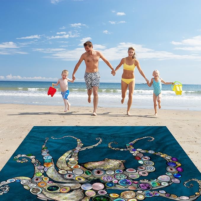 Beach Blanket Waterproof Sandproof, 78''×86'' Large Lightweight Beach Mat for 2-4 Adults with Stakes, Sand Free Quick Dry Outdoor Picnic Blankets for Travel, Camping, Hiking-Jewelry Octopus