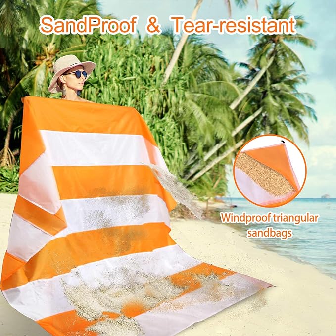Beach Blanket Sandproof Waterproof, Large Beach Mat Lightweight Portable Quick Drying for Picnic Camping Hiking Travel Beach Accessories (1, Orangewhite, 83x79 Inches)