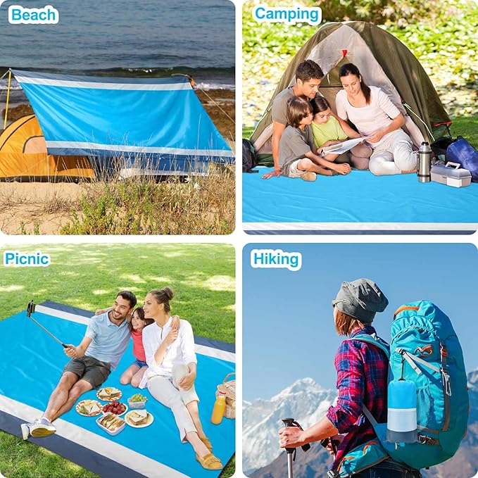 Beach Blanket Sandproof Waterproof, Large Beach Mat Lightweight Portable Quick Drying for Picnic Camping Hiking Travel Beach Accessories (1, BlueWhiteGrey, 83x79 Inches)