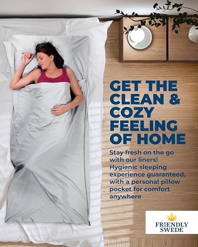 The Friendly Swede Sleeping Bag Liner - Cold Weather Camping Sheets & Adult Sleep Sack with Full Length Zipper; Microfiber Soft Travel Sheets for Hotel with Stuff Sack - Grey (Zipper)