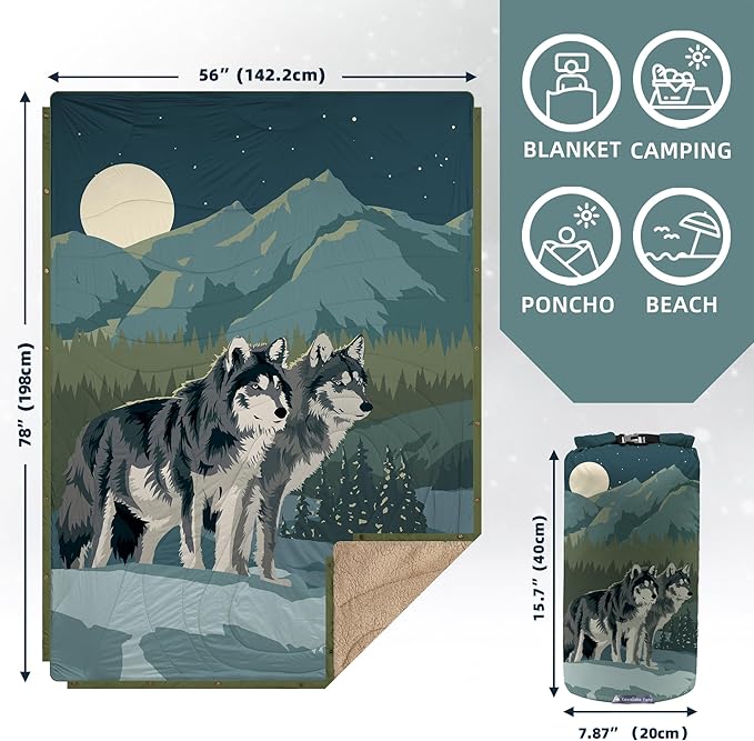 Outdoor Camping Blanket with Sherpa Lining, Extra Warm Thick Camp Blankets & Puffy Ultralight Soft Poncho DWR Camping Quilt for Cold Weather, Adventure,Sleeping,Backpacking 78"x 56"
