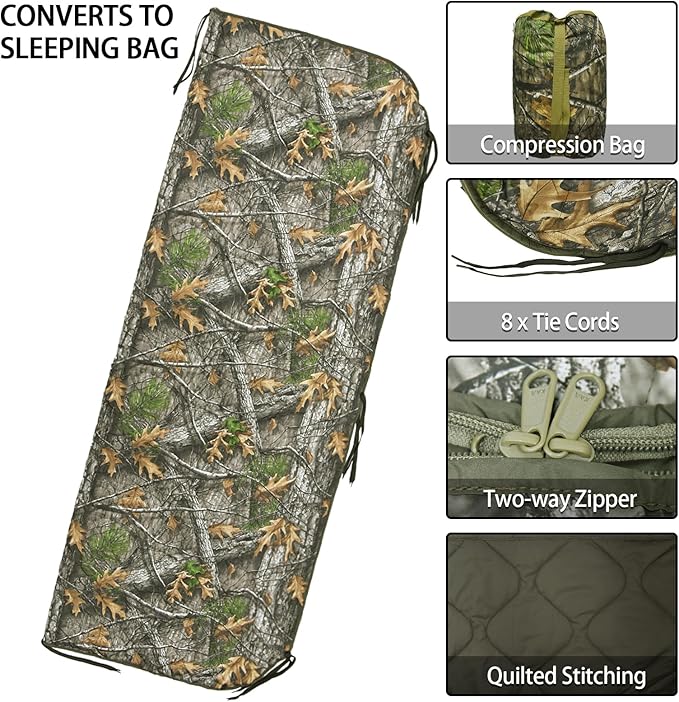 Military Poncho Liner with Zipper Camping Blanket Army Multicam Woobie Sleeping Bag Insulated Waterproof for Travel Outdoor Survival Hunting