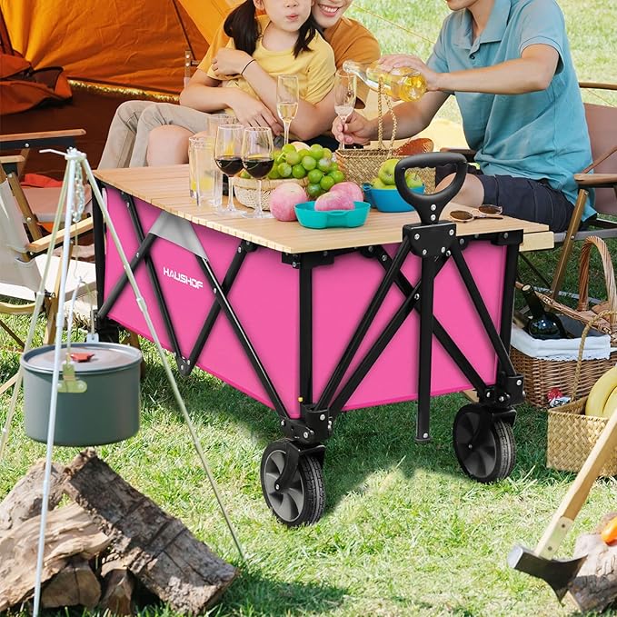 HAUSHOF Heavy Duty Collapsible Wagon, Folding Outdoor Utility Wagon, Camping Garden Beach Cart with Universal Quick Release Wheels, Adjustable Handle, 176 lbs Load Capacity, Pink
