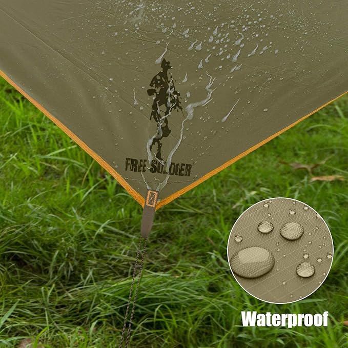 FREE SOLDIER Waterproof Portable Tarp Multifunctional Outdoor Camping Traveling Awning Backpacking Tarp Shelter Rain Tarp (Greenish Brown 6 Loop 10×10ft)