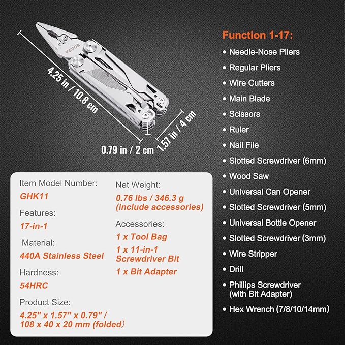 VEVOR 29-in-1 Multitool Pliers,Stainless Steel Multi Tool Pocket K-nife,Self-locking Multitool Pliers with Sheath & Replaceable Screwdrivers Bits -Perfect for Outdoor Survival, Camping, Hiking