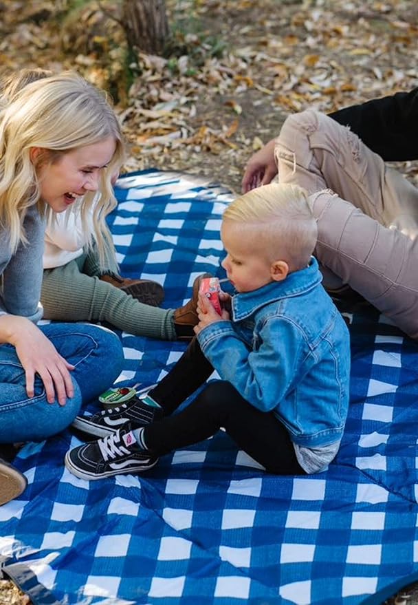Little Unicorn Outdoor Family Picnic & Beach Blanket, Water-Resistant, Compact Fold, Large Size, 5 x 7 feet, (Navy Plaid)