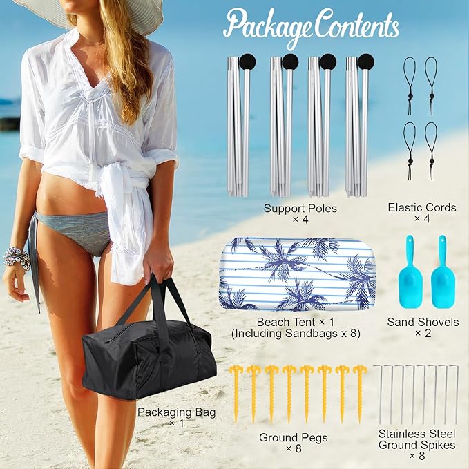 Rhino Valley Beach Tent Sun Shelter, Beach Canopy Tent Sun Shade UPF50+ Protection with 8 Sandbags 4 Stability Poles, Outdoor Beach Shade Canopy for Beach, Camping, Fishing