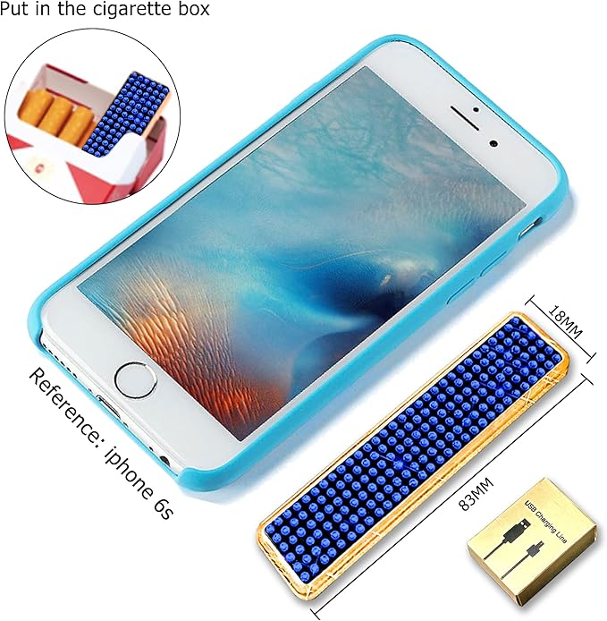 Rhinestone Lighter Electric Lighter Rechargeable Bling Glitter USB Lighter Flameless Girls Lighter for Women (Blue)