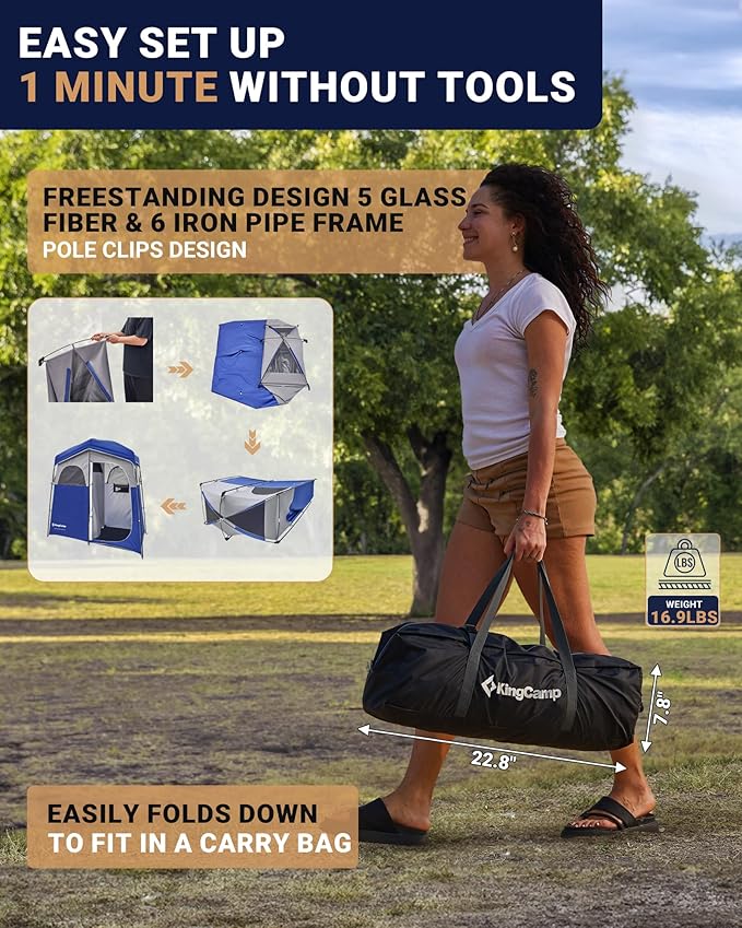 KingCamp Camping Shower Tent, Portable Outdoor Privacy Toilet & Changing Tent Windproof & Waterproof Easy Setup 1 or 2 Room Shelter with Shower Bag for Camping Hiking Beach