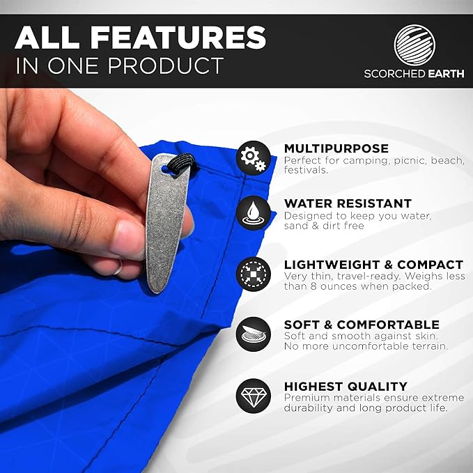 Pocket Blanket for Beach, Travel, Outdoor, Camping, Hiking, Picnic, Festival, Sports - Water Resistant, Compact, Durable Tarp, Corner Pockets, Bag, Built in Stakes (Royal Blue, 60x55)