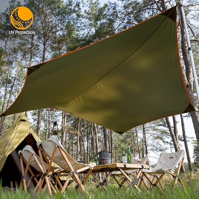 FREE SOLDIER Waterproof Portable Tarp Multifunctional Outdoor Camping Traveling Awning Backpacking Tarp Shelter Rain Tarp (Greenish Brown 6 Loop 10×10ft)