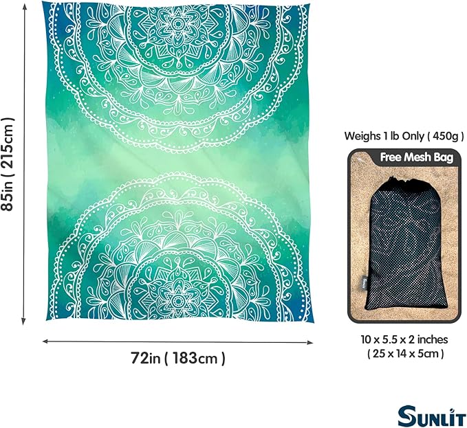 Sunlit Silky Soft 85"x72" Boho Sand Proof Beach Blanket Sand Proof Mat with Corner Pockets and Mesh Bag for Beach Party, Travel, Camping and Outdoor Music Festival, Bright Turquoise Mandala