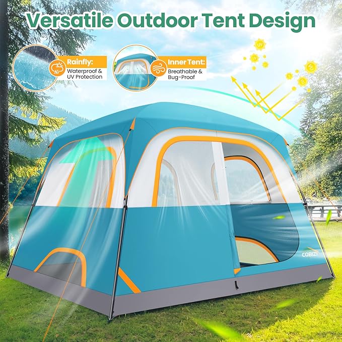 COBIZI Camping Tent, 4/6 Person Easy Setup Waterproof Windproof Backpacking Tent with Removable Rainfly, Lightweight Portable Outdoor Family Tents for Camping, Travel, Fishing, Hiking, Scouts