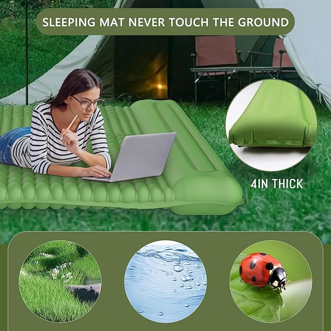 Double Sleeping Pad for 2 Person, Self Inflating Camping Mattress with Pillow, Portable Camping Bed Built-in Foot Pump for Backpacking, Hiking & Travel - Mat Carry Bag