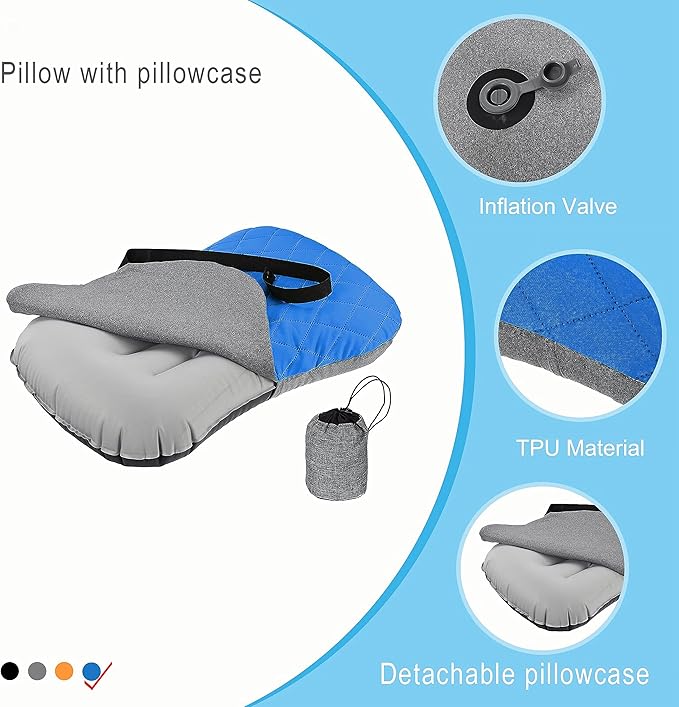 Portable Inflatable Neck Pillow for Outdoor Travel, Camping, Office Naps-Polyester + Washable Cotton-Color Available-Simple and Comfortable (Blue)