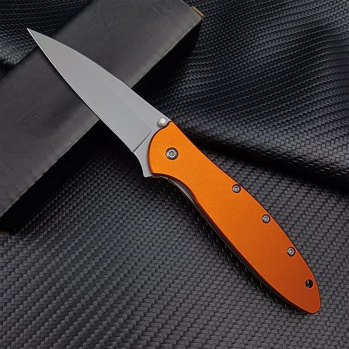 Outdoor Orange Pocketknife, 3" Bead Blast Plain Blade, Stainless Steel Handle, Dual Lock System, Tactical Hunting Folding Knife For Men Women