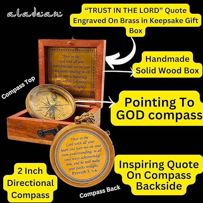 Trust in The Lord - Proverbs 3: 5-6 Engraved Compass, Wood Box Greeting, Inspirational Gift Men, Christian Boys Baptism Gifts, Graduation Day