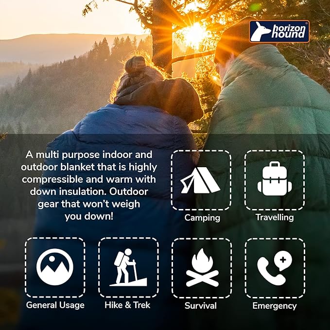 Horizon Hound Down Camping Blanket - Outdoor Travel Blanket | Sustainable Insulated Down | Lightweight & Warm Quilt for Camping, Stadium, Hiking & Festival | Water Resistant, Packable & Compact