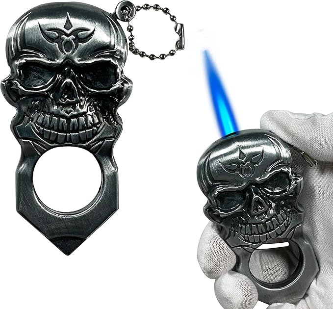 Creative Cool Skull Butane Torch Lighter, Waterproof Windproof Lighter, Refillable Lighters for Fireplace Candle Camping BBQ (Without Gas) (Silver)