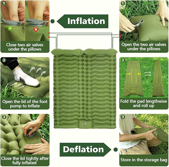 Double Camping Sleeping Pad with Built-in Foot Pump and Pillows Thick Inflatable 2 Person Portable Camping Mat for Hiking Backpacking Tent