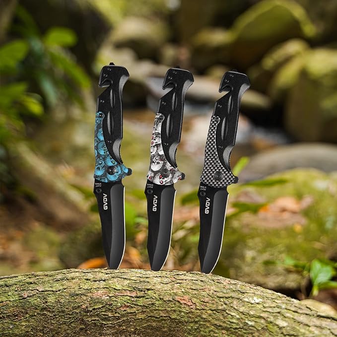 GVDV Utility Pocket Knife with 7Cr17 Stainless Steel - Folding Knife for EDC Outdoor Camping Hunting, Liner-Lock, Clip, Seatbelt Cutter, Glass Breaker for Emergencies, Men Gifts, White Skull