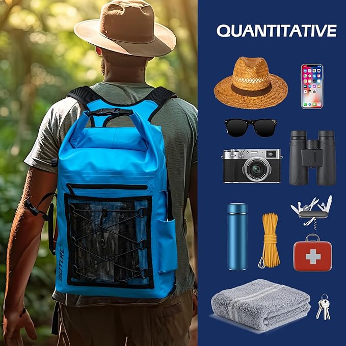 Goture Dry Bag Waterproof Backpack,20L Fishing Tackle Bag with Rod Holder,Padded Shoulder Straps and Air Exhaust Valve,500D PVC Dry Sack Bag with Phone Case for Kayaking,Boating,Fishing,Travel