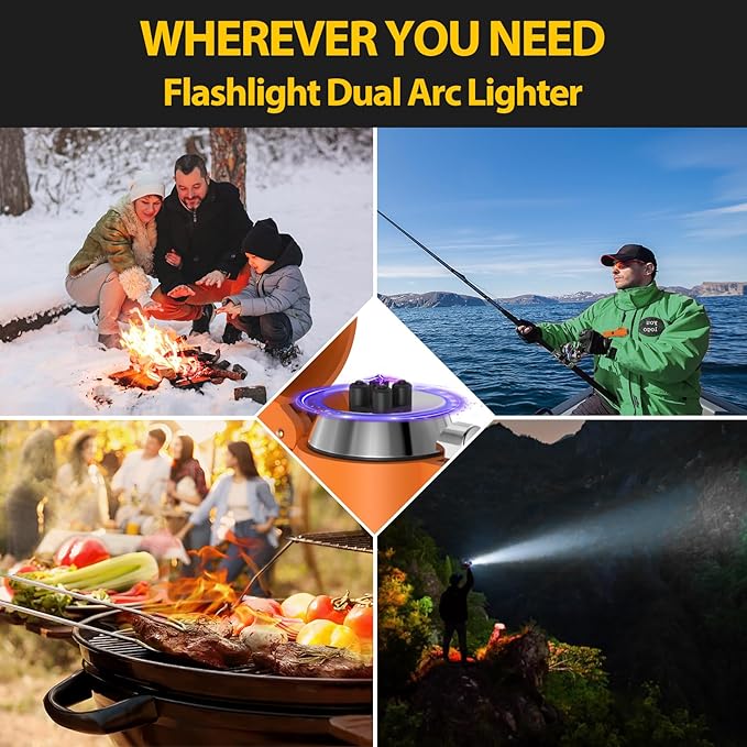 Electric Waterproof Lighters Gifts for Men: LED Flashlight Lighter Christmas Stocking Stuffers for Adults Him Dad Husband Boy Birthday - 3-in-1 USB Dual Arc Outdoor BBQ Camping Hunting Survival Gadget