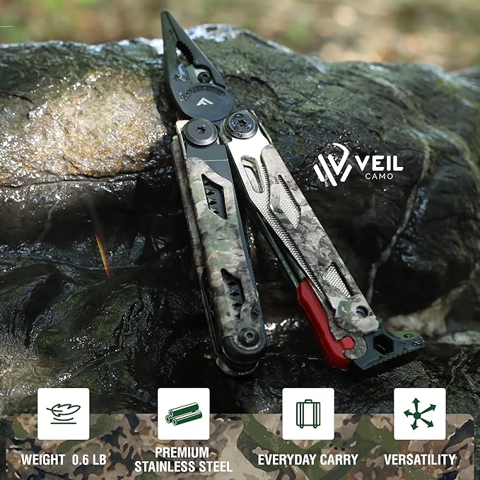 FLISSA Multitool, 18 in 1 Camo Multitool Pliers with Fire Starter, Window Breaker, Whistler, Stainless Steel EDC Gear with Sheath - Perfect for Survival, Simple Repair, Outdoor, Camping