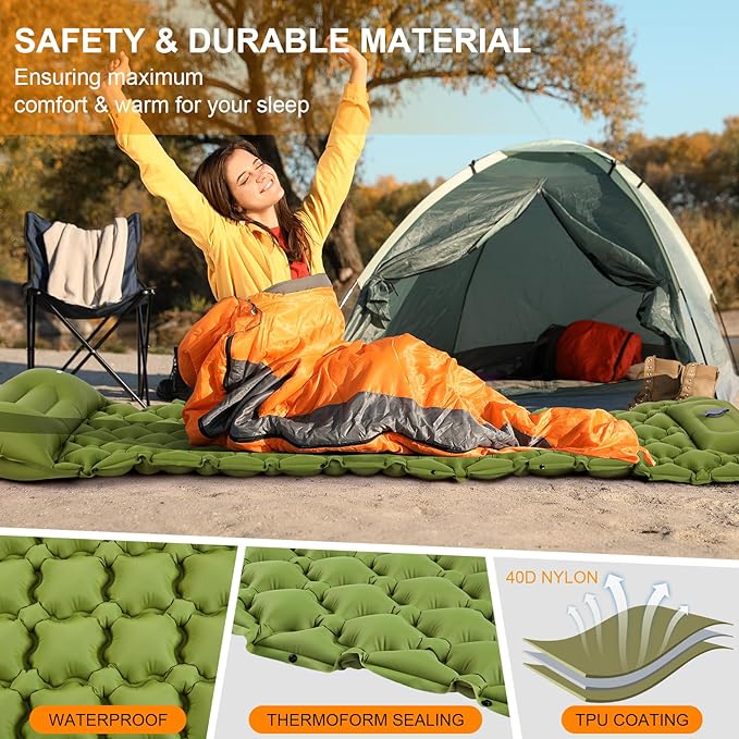 Sleeping Pad Ultralight Inflatable Sleeping Pad for Camping, 80''X25'', Built-in Pump, Ultimate for Camping, Hiking - Airpad, Carry Bag, Repair Kit - Compact & Lightweight Air Mattress(Green)