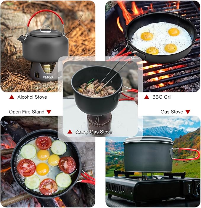 Alocs Camping Cookware Set,Durable Aluminum Camping Cooking Set, Compact Camping Pots and Pans Set with Kettle, Non-Stick Camping Pan Camping Essentials for Outdoor Cooking, Hiking, and Picnics.