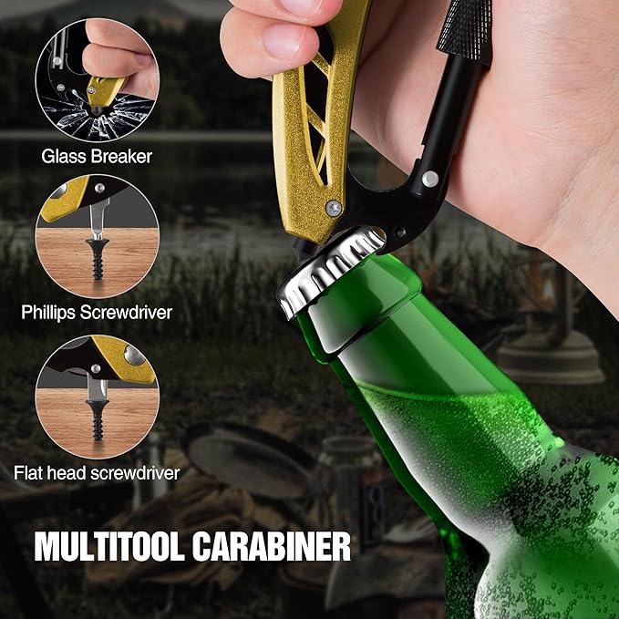 Multitool Carabiner with Pocket Knife, EDC Carabiners Keychain with Bottle Opener, Window Breaker Folding Knives and Screwdriver, Survival Gear for Outdoor Camping Hiking for Men
