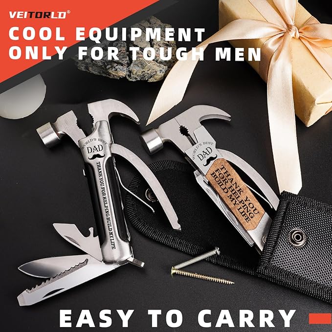 VEITORLD Gifts for Men Dad from Daughter Son Kids, Unique Birthday Gift Ideas for Dad Men, All in One Survival Tools Small Hammer Multitool with Engraved Wooden Box, Cool Camping Hunting Gadgets