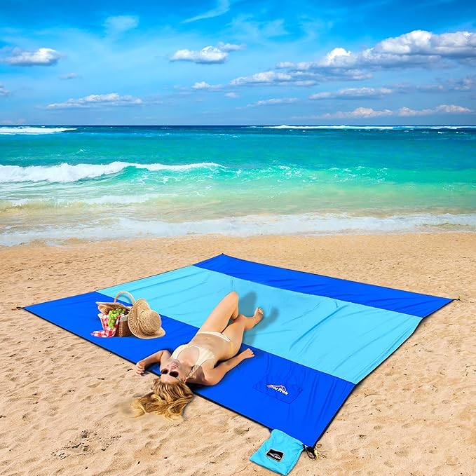 Beach Blanket Sandproof, Extra Large Beach Mat, Sand Free Mat Quick Drying, Lightweight, Soft & Durable Mat for Beach, Yard (Blue & Sky Blue, 10 x 10 FT (1~9 Person))