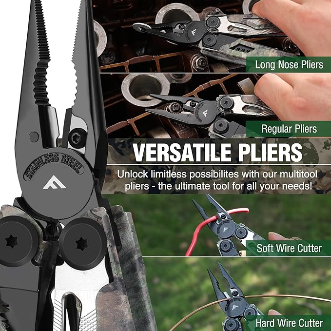 FLISSA Multitool, 18 in 1 Camo Multitool Pliers with Fire Starter, Window Breaker, Whistler, Stainless Steel EDC Gear with Sheath - Perfect for Survival, Simple Repair, Outdoor, Camping
