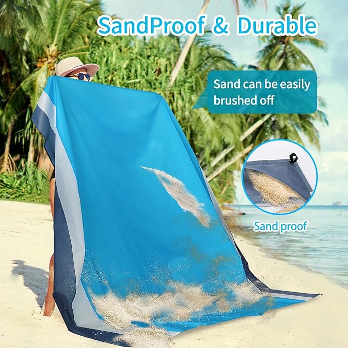 Beach Blanket Sandproof Waterproof, Large Beach Mat Lightweight Portable Quick Drying for Picnic Camping Hiking Travel Beach Accessories (1, BlueWhiteGrey, 83x79 Inches)