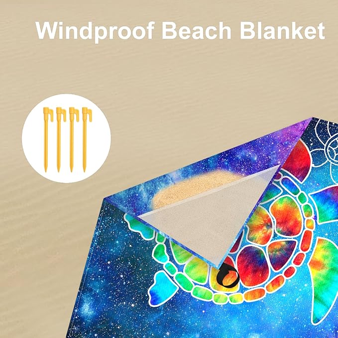 78''×86'' Large Beach Blanket 4 Adults, Sand Free Waterproof Outdoor Beach Mat with 4 Stakes & 4 Pockets, Polyester Lightweight Foldable Picnic Blanket for Travel, Camping, Hiking - Galactic Turtles