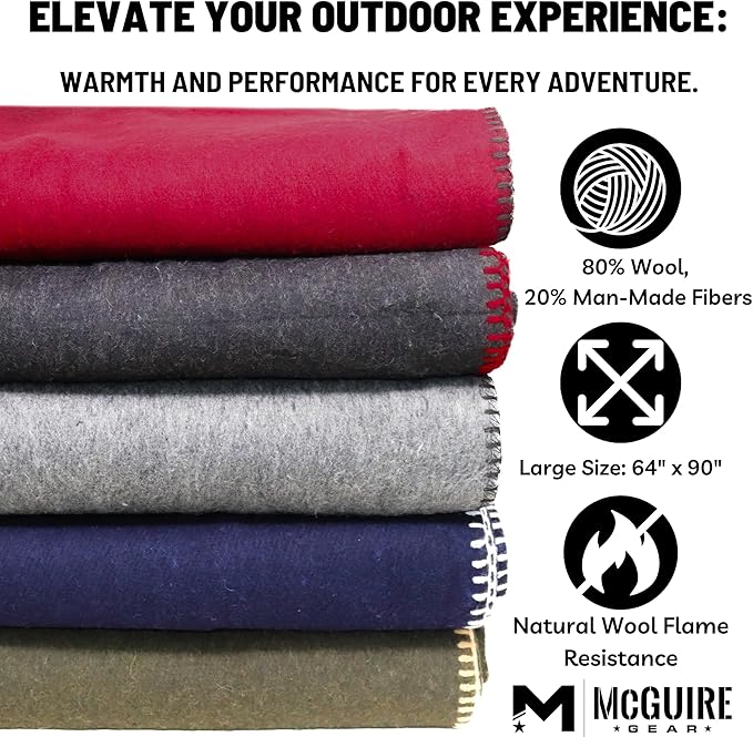 M MCGUIRE GEAR Heavy Duty Wool Military Camping, Survival, and First Aid Blanket, Mil-Spec Fire Retardant 64" x 90" (OD Green)