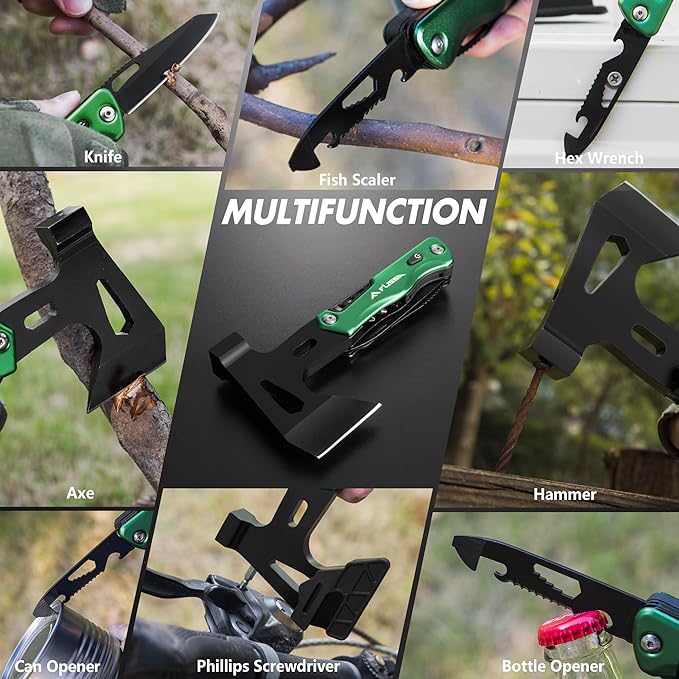 FLISSA Camping Axe Hammer 14-in-1 Multitool, Hatchet Multi Tool Stainless Steel with LED Light, EDC Hiking Survival Multi Function Tool Pocket Knife with Sheath